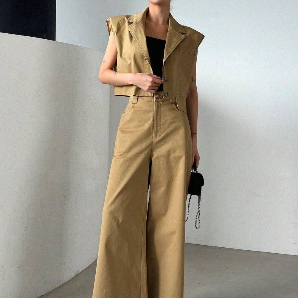 Khaki Casual Women's Turn-Down Collar Batwing Sleeve Top And Wide-Leg Pants Suit - Picture 3 of 9